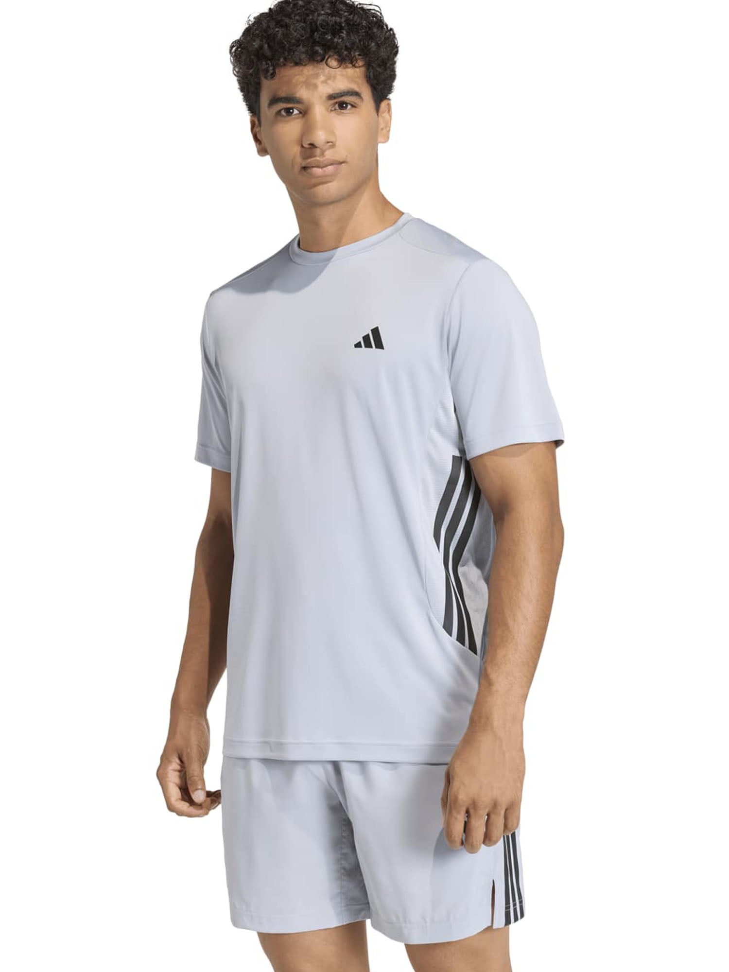 T-shirt uomo Adidas Tech Essentials 3 Stripes grigia workout